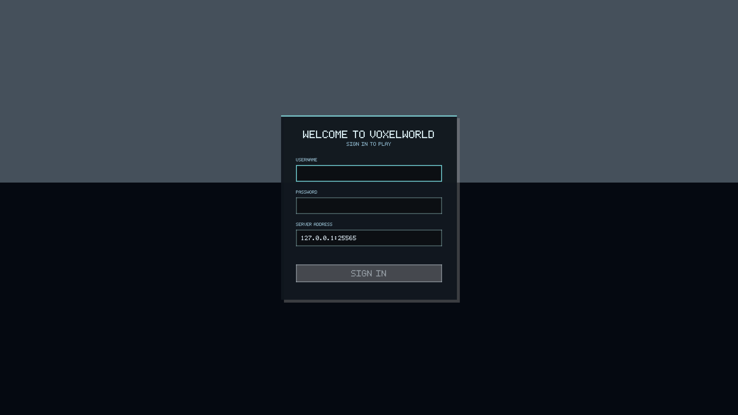 Voxel Slop multiplayer login screen with server address, username, and password fields