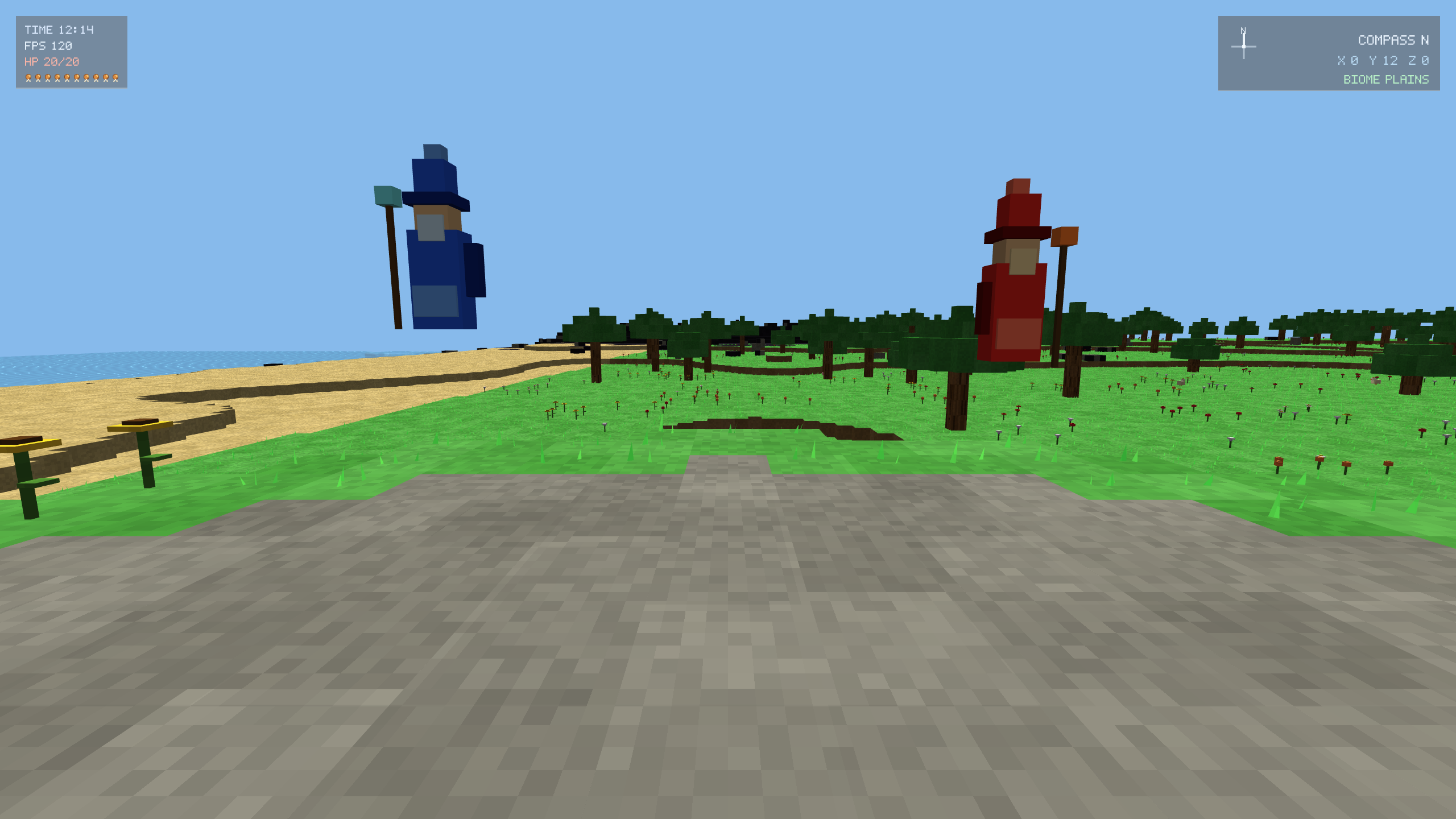 Voxel Slop MMO gameplay showing the blue and red wizards in a shared grassy block world